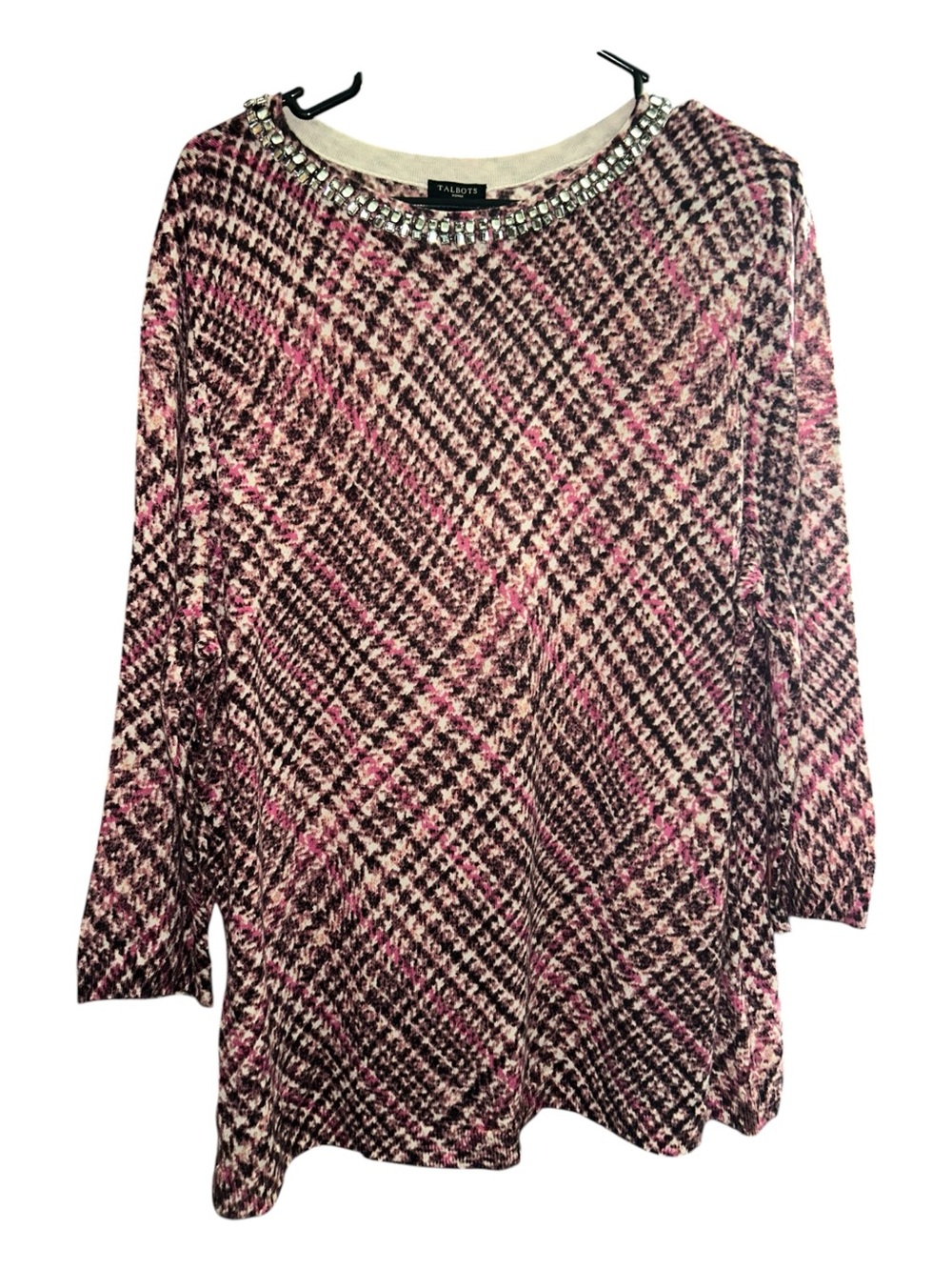 Talbots Pink and Brown Plaid Jewel-Neck Sweater Tunic